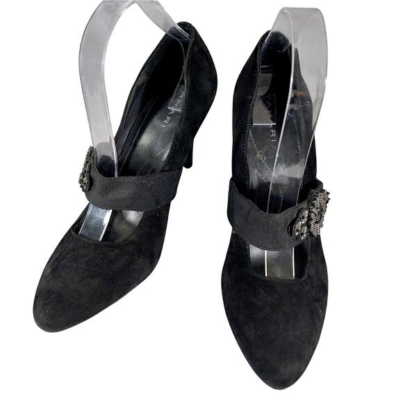 NWOT! TAHARI! BLACK GENUINE SUEDE LEATHER W/PATENT HEEL, BEADED DETAIL HEELS! 8M - Picture 3 of 11